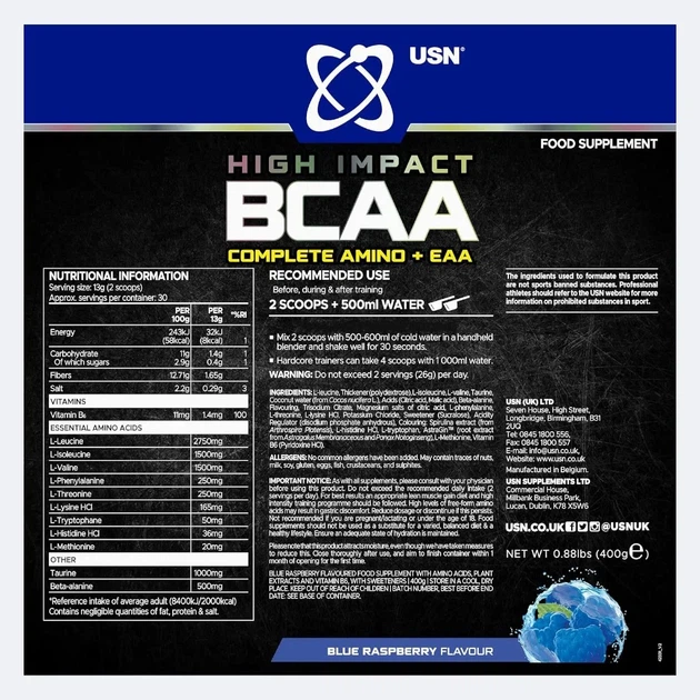 BCAA Complete Amino + EAA USN, голубая малина, 400 г - изображение 2
