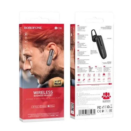 Bluetooth гарнитура BOROFONE BC36, Bluetooth 5.0, беспроводная гарнитура для звонков и музыки, 6 часов работы, черная - изображение 2
