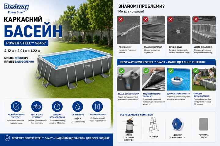 Каркасный бассейн Bestway Power Steel 56457 прямоугольный 412×201×122 см 8124 л Power Steel toy56457 Серый toy56457 - изображение 2