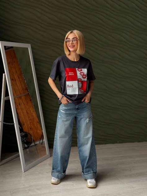 Жіноча футболка з принтом Fashion 42/44 графіт - Фото 1 Жіноча футболка з принтом Fashion 42/44 графіт - зображення 1