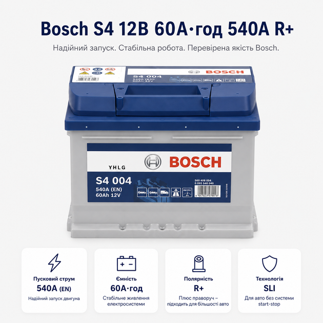 Автомобильный аккумулятор Bosch S4 12В 60Ач 540А R+ для легкового авто (0 092 S40 040) - изображение 2