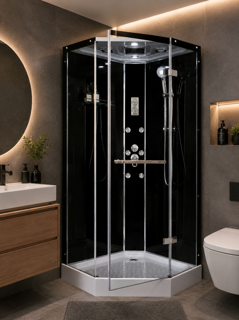 Гідромасажний бокс INSANA ELARA RC 90×90×215 см, кутовий, з мілким піддоном 15 см, хромований профіль, гідромасаж, чорне скло - изображение 3