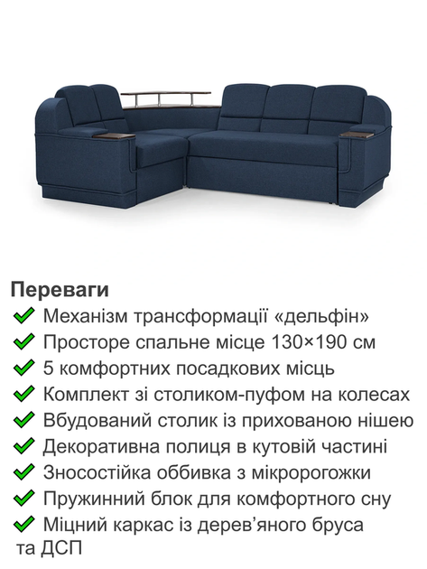 Диван угловой комплект Меркурий со столиком 255×185 см, синий - изображение 3