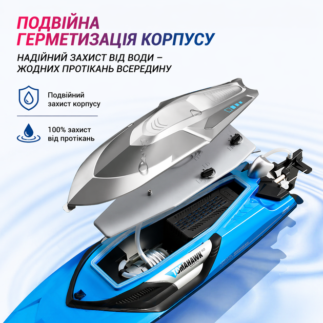 Катер на радіокеруванні Tomahawk 4DRC S2 — 70 км/год 50 см, водяне охолодження + датчик + LED + 2 акумулятори Blue - зображення 4