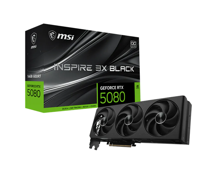 Видеокарта MSI GeForce RTX 5080 16G INSPIRE 3X OC BLACK (G5080-16I3CB) - Фото 1 Видеокарта MSI GeForce RTX 5080 16G INSPIRE 3X OC BLACK (G5080-16I3CB) - изображение 1