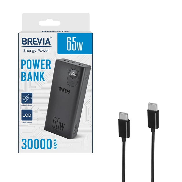 Повербанк (Power Bank) Brevia 30000mAh 65W Li-Pol, LCD чорний 45365PB - зображення 7