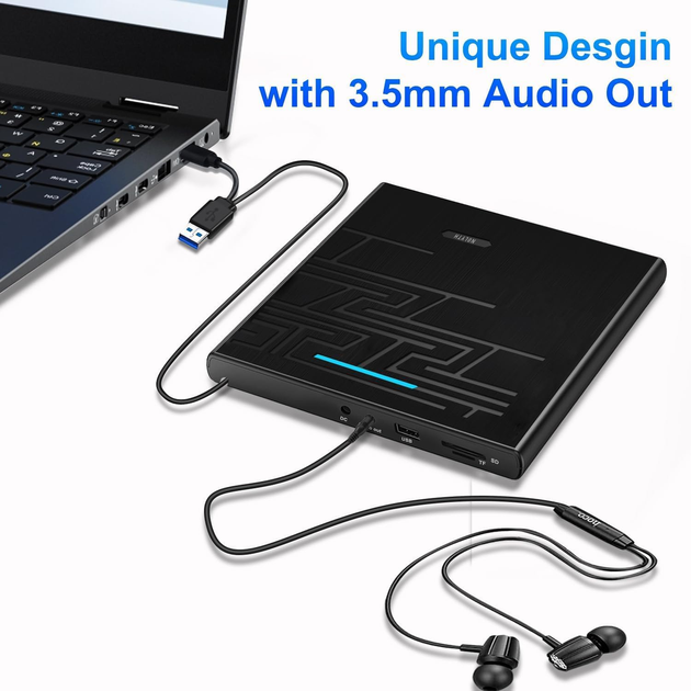 Внешний DVD/CD привод NOLYTH 5-в-1 USB 3.0 Type-C — Портативный дисковод для MacBook и Windows с SD/TF и Аудиовыходом - изображение 3