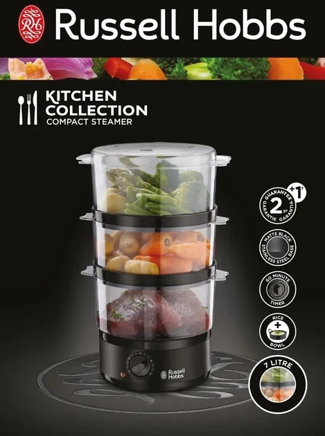 Пароварка Russell Hobbs Kitchen Collection 400Вт, чаша-2.3/3.3л, резервуар для води -0.5л, механічне (00108817) - изображение 7