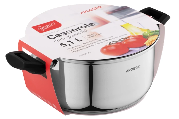 Каструля Ardesto Gemini Piemonte зі скляною кришкою нержавіюча сталь 5,1л 24см AR3551G (00107454) - изображение 4