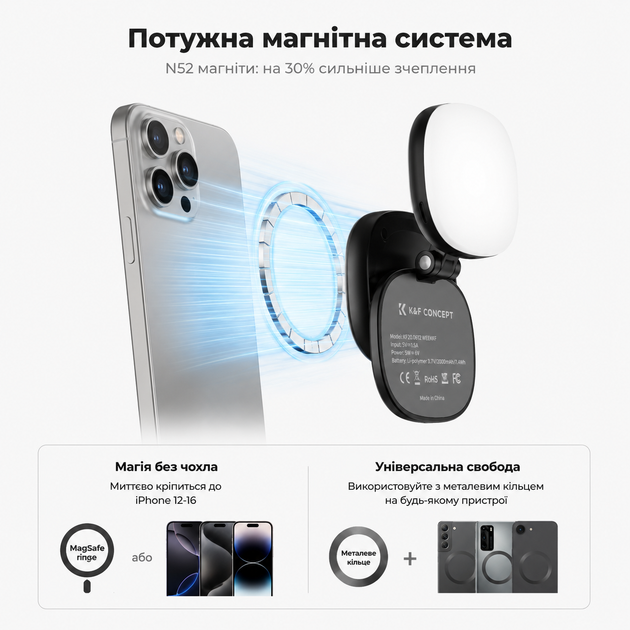 LED селфи лампа для телефона с MagSafe K&F Concept - Фото 3 LED селфи лампа для телефона с MagSafe K&F Concept - изображение 3