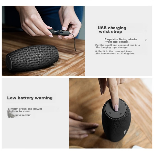 Портативний бездротовий Bluetooth-колонка PHILIPS BT6900 із сабвуфером, аудіоплеєр для настільного комп'ютера та використання на вулиці, водонепроникна HIFI-колонка з тканини в чорному кольорі Obsidian Black - Фото 7 Портативний бездротовий Bluetooth-колонка PHILIPS BT6900 із сабвуфером, аудіоплеєр для настільного комп'ютера та використання на вулиці, водонепроникна HIFI-колонка з тканини в чорному кольорі Obsidian Black - зображення 7