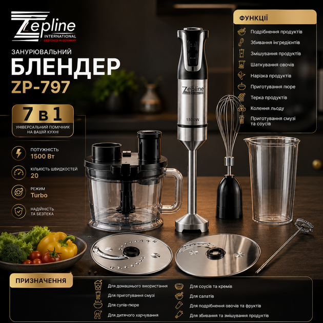 Блендер занурювальний Zepline ZP-797, 7 в 1 - Фото 2 Блендер занурювальний Zepline ZP-797, 7 в 1 - зображення 2
