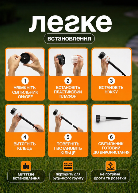 Садові світильники на сонячній батареї 6 шт пластикові біле світло 30 см (49675868) - изображение 6