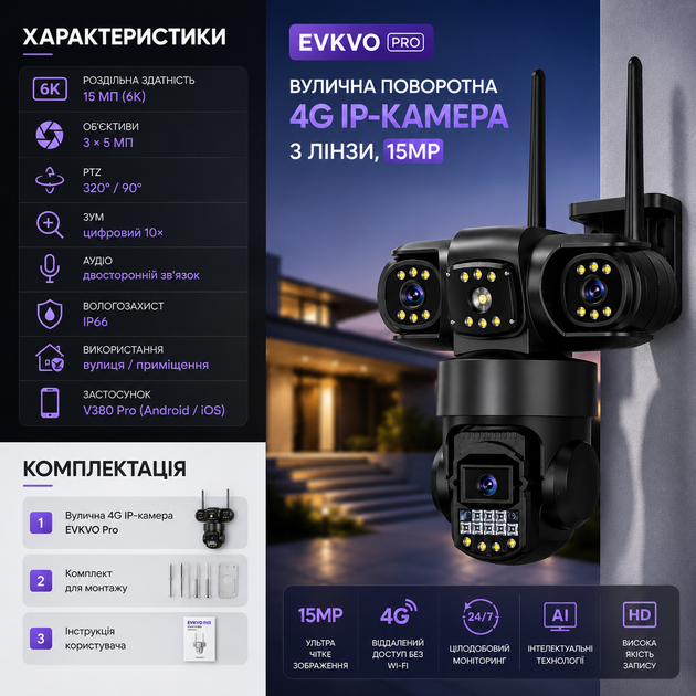 Уличная поворотная IP-камера 4G EVKVO Pro (3 объектива, 15 Мп) - изображение 4