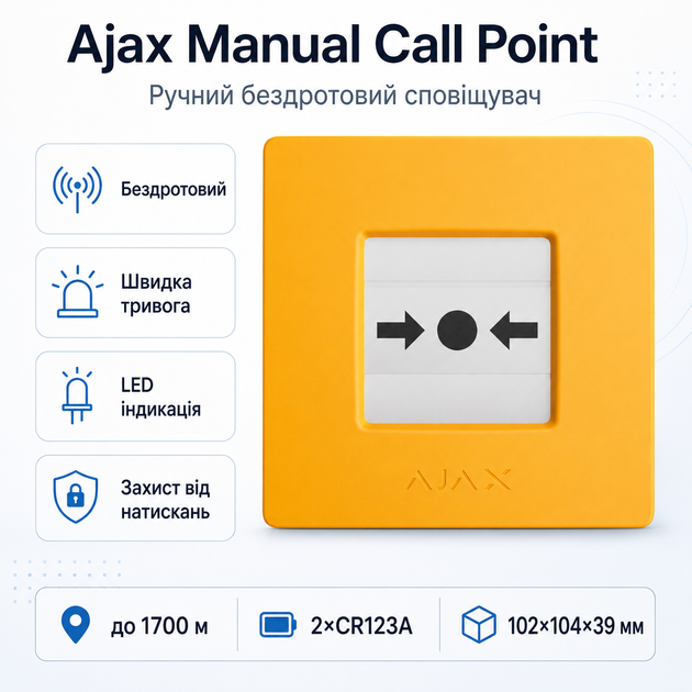 Беспроводной ручной пожарный извещатель Ajax Manual Call Point для тревожной сигнализации Yellow - изображение 2