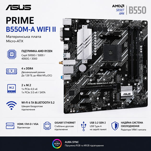 Материнська плата Asus Prime B550M-A Wi-Fi II Micro-ATX sAM4 AMD B550 4xDDR4 2xM.2 4xSATA DVI VGA GbE Black - зображення 8