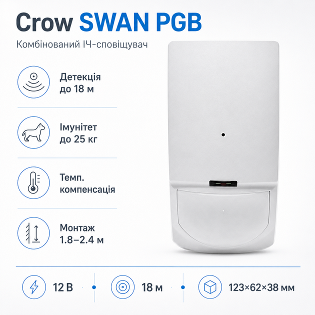 Комбинированный пассивный ик-извещатель Crow SWAN PGB до 4,5 м 12В иммунитет к животным до 25 кг Белый - изображение 2