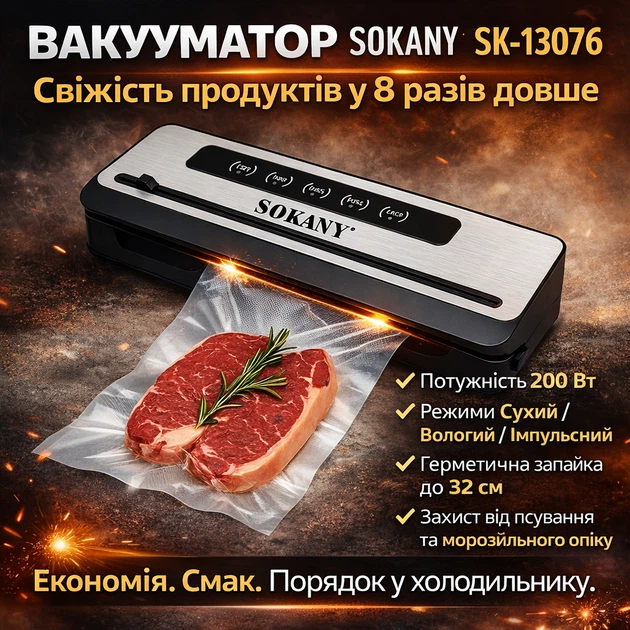 Вакуумный упаковщик Sokany SK-133076. 200 Вт, запайка 32 см, сухой и влажный режимы, для еды с двумя режимами работы и шириной сварки 3 мм. - Фото 3 Вакуумный упаковщик Sokany SK-133076. 200 Вт, запайка 32 см, сухой и влажный режимы, для еды с двумя режимами работы и шириной сварки 3 мм. - изображение 3