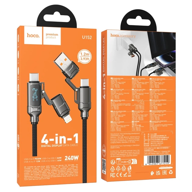 Кабель USB Hoco U152 PD3.1 240W 4-in-1 USB/C to iP/C Led Display 1.2m Чорний - Фото 1 Кабель USB Hoco U152 PD3.1 240W 4-in-1 USB/C to iP/C Led Display 1.2m Чорний - изображение 1