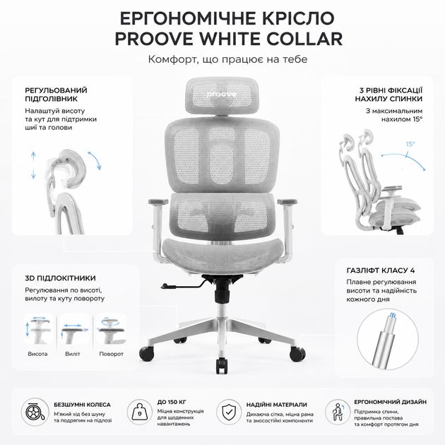 Эргономичное офисное кресло сетка серое для длительной работы с регулируемой спинкой и подголовником 3D подлокотники до 150 кг - изображение 2