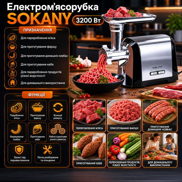 Електром'ясорубка Sokany, 3200 Вт - зображення 3