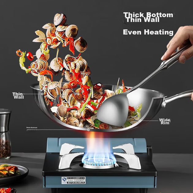 Вок з нержавіючої сталі MAXCOOK 304 з кришкою, тришарова сталева каструля діаметром 32 см, сумісний з індукційними та газовими плитами MCGU-YY32 - зображення 9