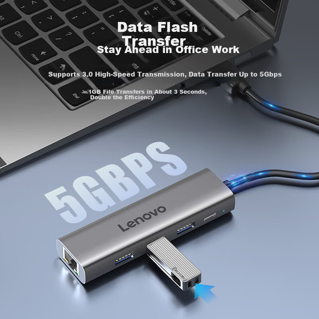 Док-станция Lenovo USB 3.0 с гигабитным Ethernet-адаптером RJ45, проводным сетевым адаптером-конвертером, USB-расширителем для ноутбука, USB-разветвителем Xiaoxin 4-в-1. - изображение 3