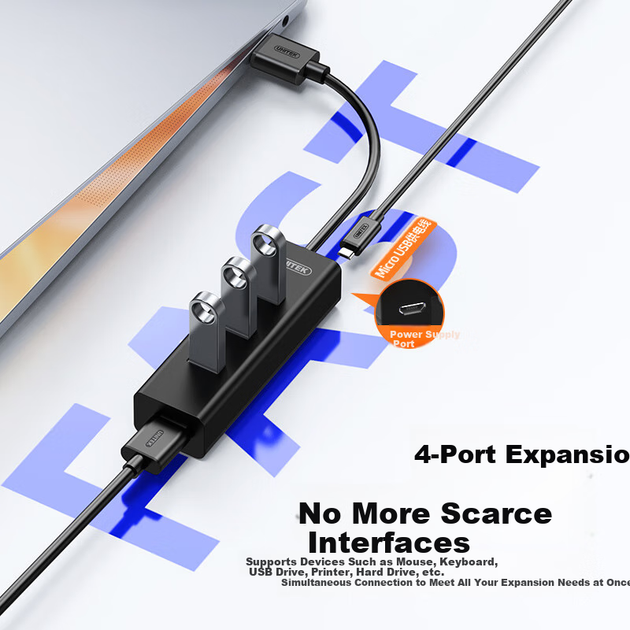 USB-концентратор UNITEK, удлинительный кабель 3 метра, док-станция расширения One-to-3.0 High-Speed, концентратор с портом питания, адаптер-конвертер для ноутбука и настольного компьютера Y-3089LBK - Фото 5 USB-концентратор UNITEK, удлинительный кабель 3 метра, док-станция расширения One-to-3.0 High-Speed, концентратор с портом питания, адаптер-конвертер для ноутбука и настольного компьютера Y-3089LBK - изображение 5