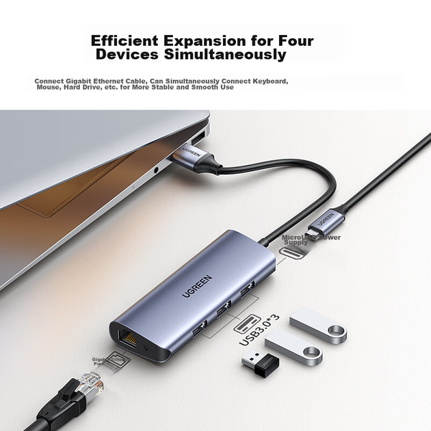 Адаптер UGREEN USB 3.0 — Gigabit Ethernet, док-станция расширения сети, внешний преобразователь кабеля RJ45, сетевой адаптер для настольных и портативных компьютеров. - изображение 2