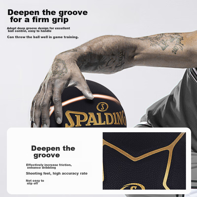 Баскетбольний м'яч SPALDING SPALDING Black Gold у формі зірки, з 7 зрощених PU-елементів для гри в приміщенні та на вулиці, 76-869Y - изображение 8