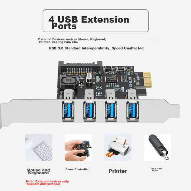 EB-LINK PCIe — 4-портова плата розширення USB 3.0. Підтримує міні-корпуси, чипи Realtek (NEC) для настільних комп'ютерів. Внутрішній чотирипортовий USB-адаптер. Незалежна плата живлення. Стабільна версія. - зображення 5