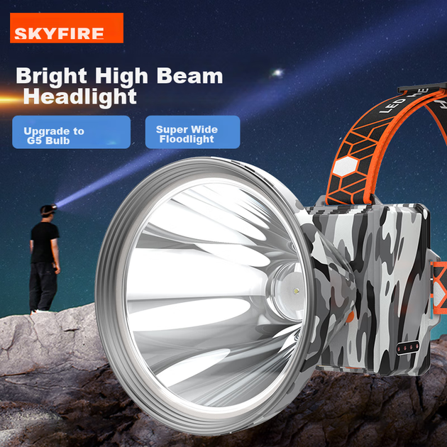 Налобный фонарь SkyFire, высокая яркость и длительное время работы от батареи, сверхъяркий белый свет, светодиодный шахтерский фонарь, перезаряжаемый фонарь для рыбалки на открытом воздухе емкостью 10000 мАч. - изображение 8