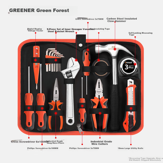 Набор бытовых инструментов GREENER, полный комплект из 21 предмета, набор инструментов электрика, многофункциональный ремонтный комбинированный набор бытовых инструментов. - Фото 5 Набор бытовых инструментов GREENER, полный комплект из 21 предмета, набор инструментов электрика, многофункциональный ремонтный комбинированный набор бытовых инструментов. - изображение 5