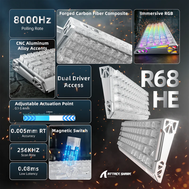 Игровая магнитная клавиатура ATTACK SHARK R68 HE / Проводное подключение / Magnetic Switch / White - изображение 2