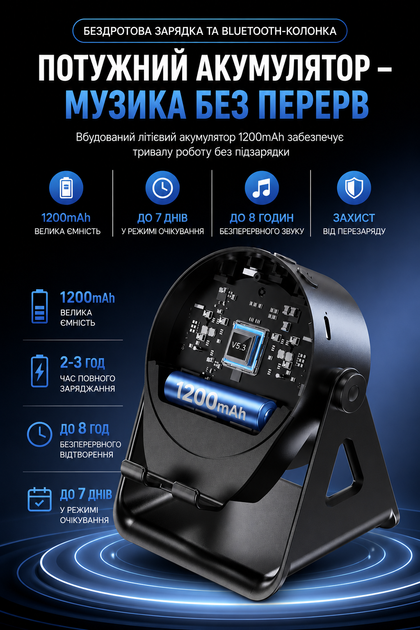 Бездротова Bluetooth колонка ZJ-08 з RGB-підсвіткою, бездротовою зарядкою 15W та підставкою для смартфона Black - зображення 2