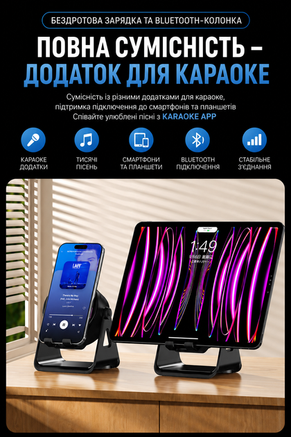 Бездротова Bluetooth колонка ZJ-08 з RGB-підсвіткою, бездротовою зарядкою 15W та підставкою для смартфона Black - зображення 3