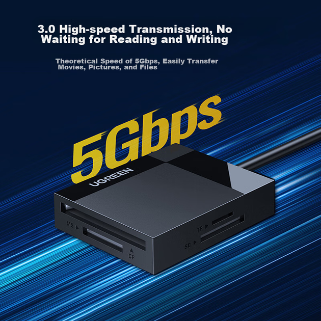UGREEN USB3.0 високошвидкісний зчитувач CF-карт, багатофункціональний зчитувач карт із чотирма входами, підтримує CF/MS/SD/TF камеру, рекордер, монітор, телефон, планшет, карти пам'яті, довжина кабелю 1 м - зображення 5