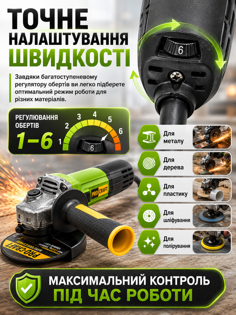 Болгарка Procraft 125 мм з регулюванням оборотів до 11000 об/хв для різання та шліфування металу, каменю та бетону кутова шліфувальна машина УШМ з додатковою рукояткою для дому та майстерні - зображення 2