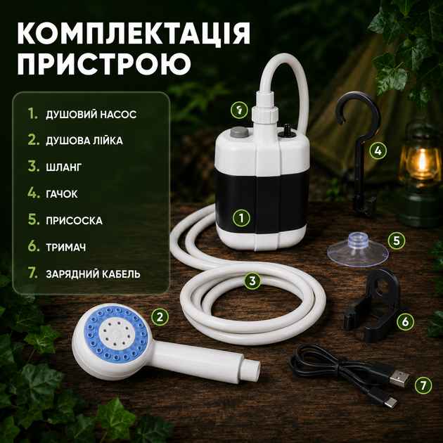 Душ переносний акумуляторний з USB-заряджанням автоматичною подачею води насосом і лійкою для кемпінгу дачі та туризму - зображення 4