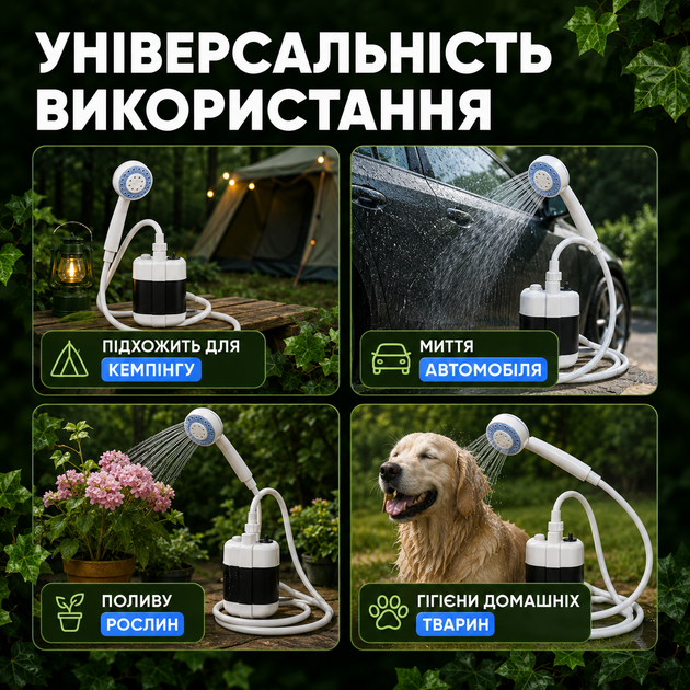 Душ переносний акумуляторний з USB-заряджанням автоматичною подачею води насосом і лійкою для кемпінгу дачі та туризму - зображення 5
