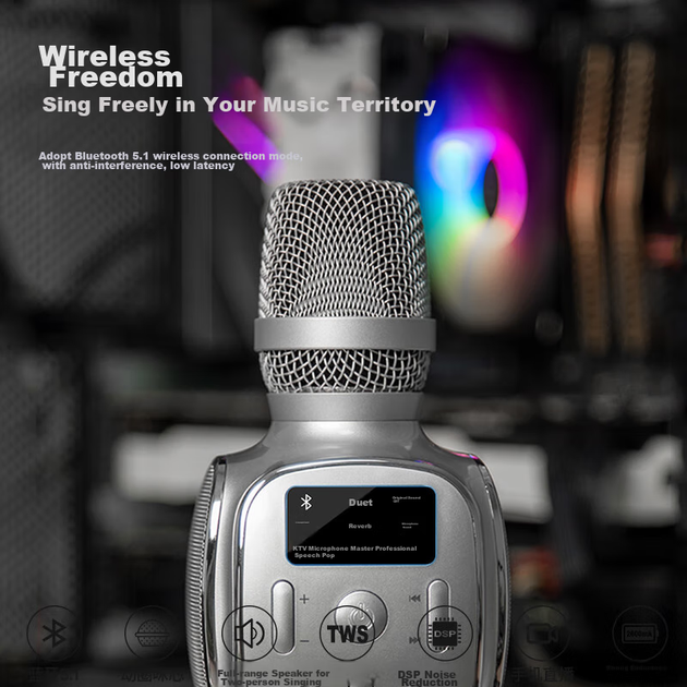 Микрофон-колонка Soaiy MC29pro караоке со звуковой картой и Bluetooth, серебристый - изображение 5