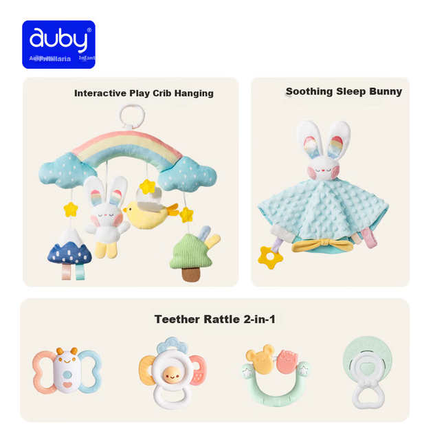 Подарочный набор для новорожденного Auby: практичные игрушки для малыша, подвесная погремушка для кроватки, прорезыватель, милый зайчик, плед для объятий, кукла, подарок в честь полнолуния. - изображение 4