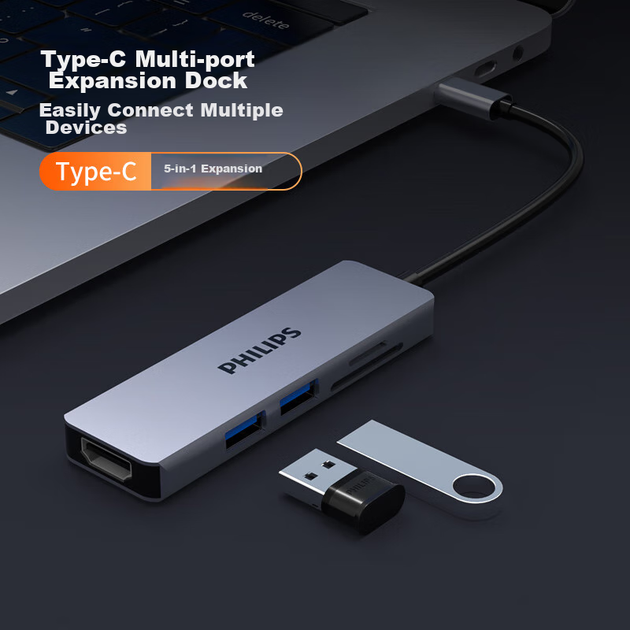 Док-станция расширения PHILIPS Type-C, адаптер USB-C на HDMI, кардридер, конвертер для Apple MacBook Air, концентратор для iPad Pro, док-станция расширения SD/TF. - изображение 5