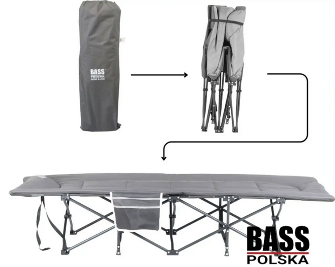 Складная туристическая кровать Bass Polska BH 31007 с матрасом и подушкой 198х68х40 см нагрузка до 180 кг серая - Фото 7 Складная туристическая кровать Bass Polska BH 31007 с матрасом и подушкой 198х68х40 см нагрузка до 180 кг серая - изображение 7