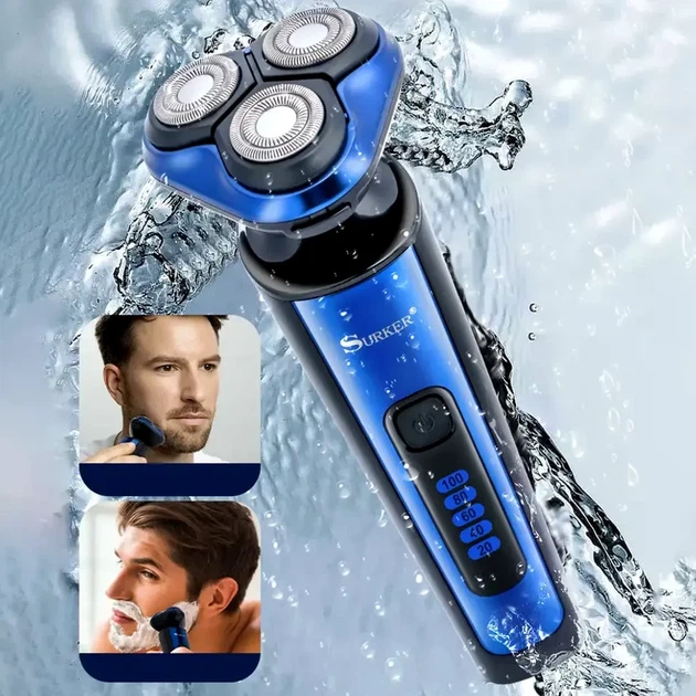 Аккумуляторная электробритва SK-9658 роторная с USB зарядкой водонепроницаемая с нержавеющими лезвиями синий - изображение 2