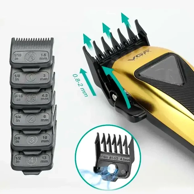 Машинка для стрижки VGR V-015 с 6 магнитными насадками аккумулятор 2500 мАч USB Type-C черный керамические лезвия - изображение 3