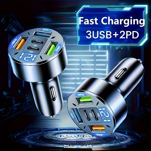 Автомобільний зарядний пристрій 5 портів 3 USB 2 Type C PD з вольтметром і швидкою зарядкою - Фото 5 Автомобільний зарядний пристрій 5 портів 3 USB 2 Type C PD з вольтметром і швидкою зарядкою - изображение 5