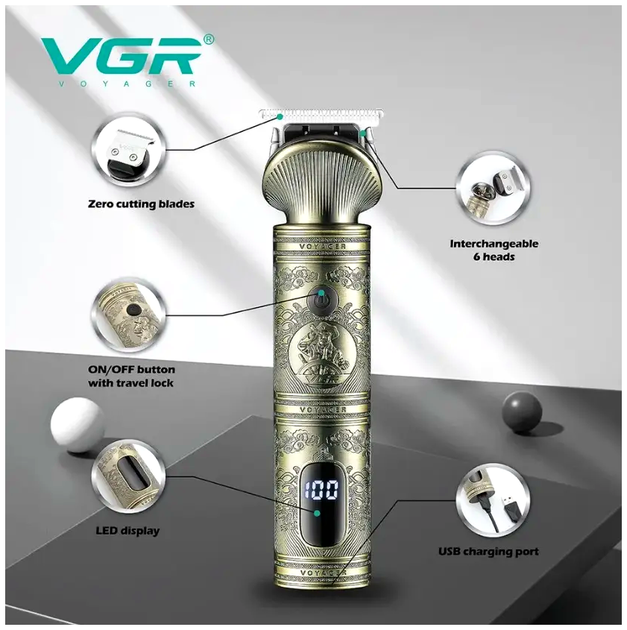 Машинка для стрижки волос VGR 6 в 1 триммер для тела и бороды с USB зарядкой и нержавеющими лезвиями - изображение 3