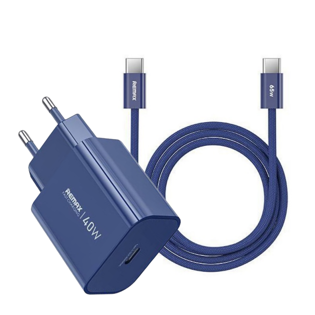 Сетевое зарядное устройство Remax CA10 GaN PD40W / 3A Type-C с быстрой зарядкой + нейлоновый кабель Type-C-Type-C 65W Blue - Фото 1 Сетевое зарядное устройство Remax CA10 GaN PD40W / 3A Type-C с быстрой зарядкой + нейлоновый кабель Type-C-Type-C 65W Blue - зображення 1