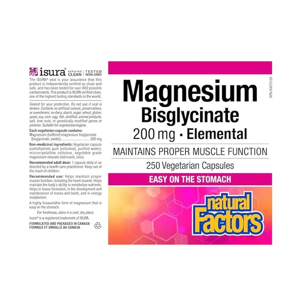 Магний бисглицинат Magnesium Bisglycinate Pure 200 мг Natural Factors, 250 капсул - изображение 3